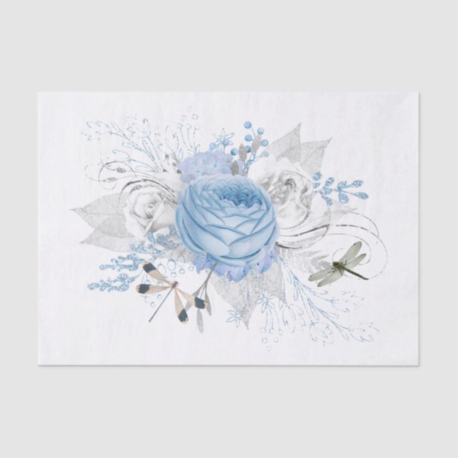 Elegant Blue Silver Dragonfly Floral Seidenpapier (Vorderseite)