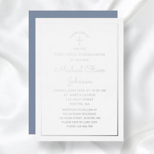 Elegant Blue Silver Foil Script Erste Kommune Folieneinladung