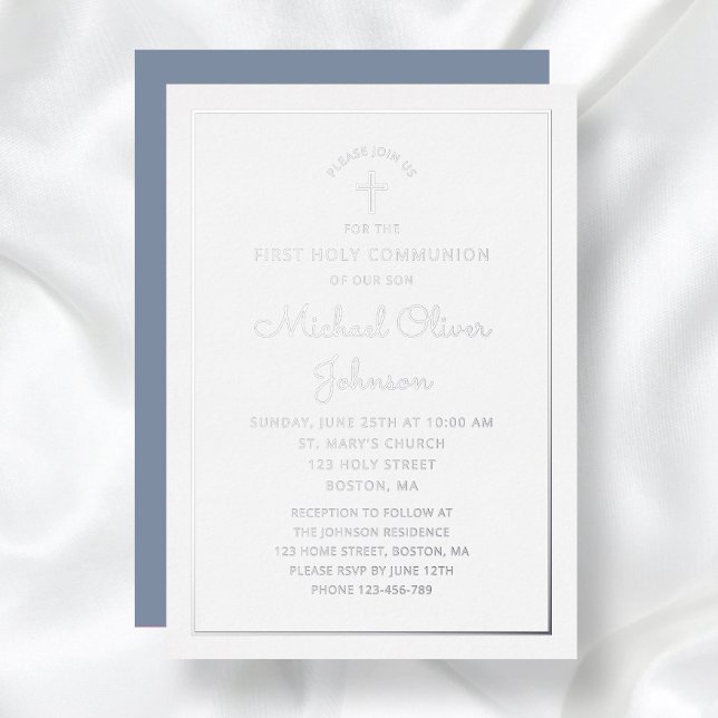 Elegant Blue Silver Foil Script Erste Kommune Folieneinladung (Elegant Blue Silver Foil Script First Communion Foil Invitation)