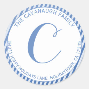 Elegant Blue Silver Foil Stripe Monogram Address Runder Aufkleber