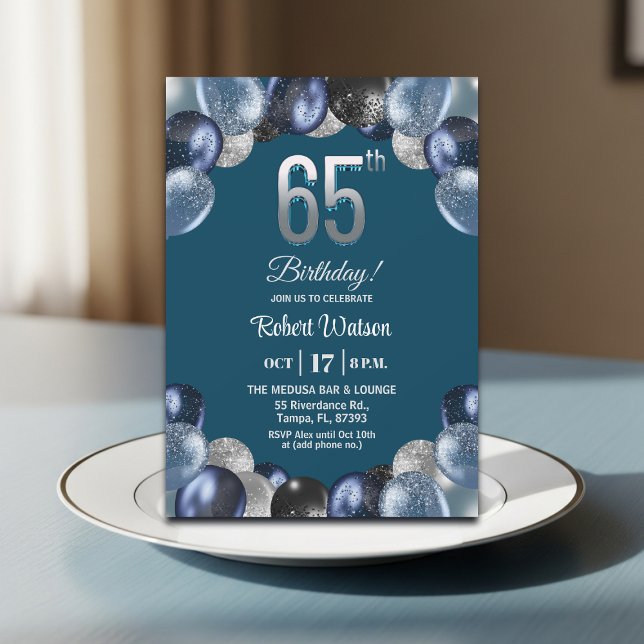 Elegant Blue Silver Glitter 65th Birthday Party Einladung (Von Creator hochgeladen)