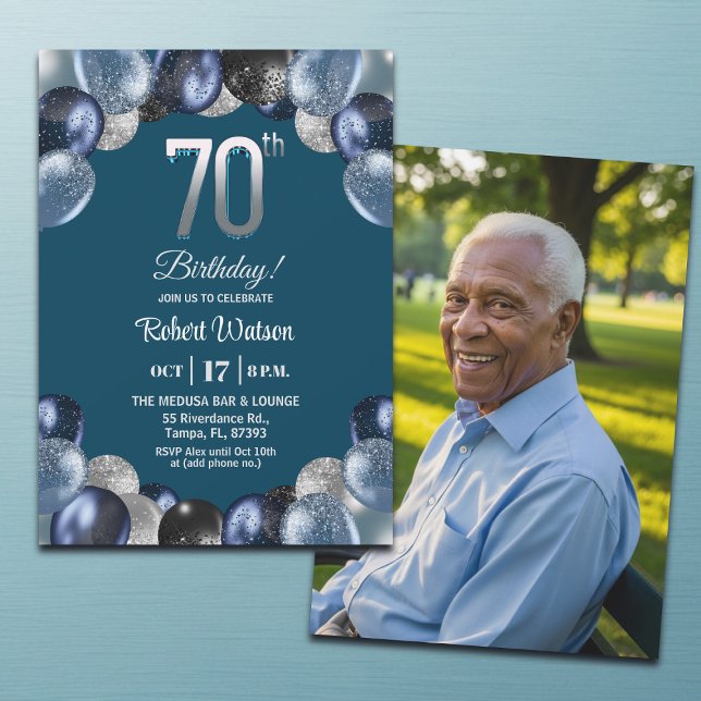 Elegant Blue Silver Glitter 70th Birthday Photo Einladung (Von Creator hochgeladen)