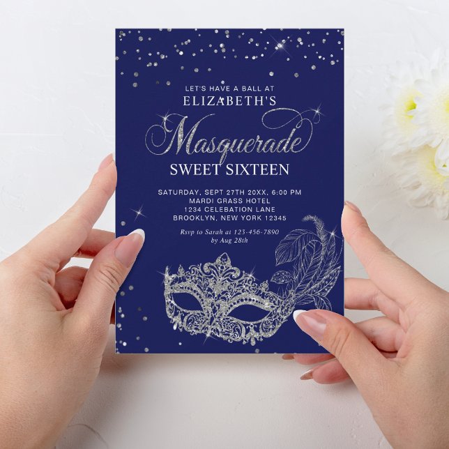 Elegant Blue Silver Glitzer Masquerade Sweet 16 Einladung (Von Creator hochgeladen)