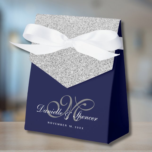 Elegant Blue Silver Glitzer Wedding Vielen Dank Geschenkschachtel (Blue and Silver Favor Box)