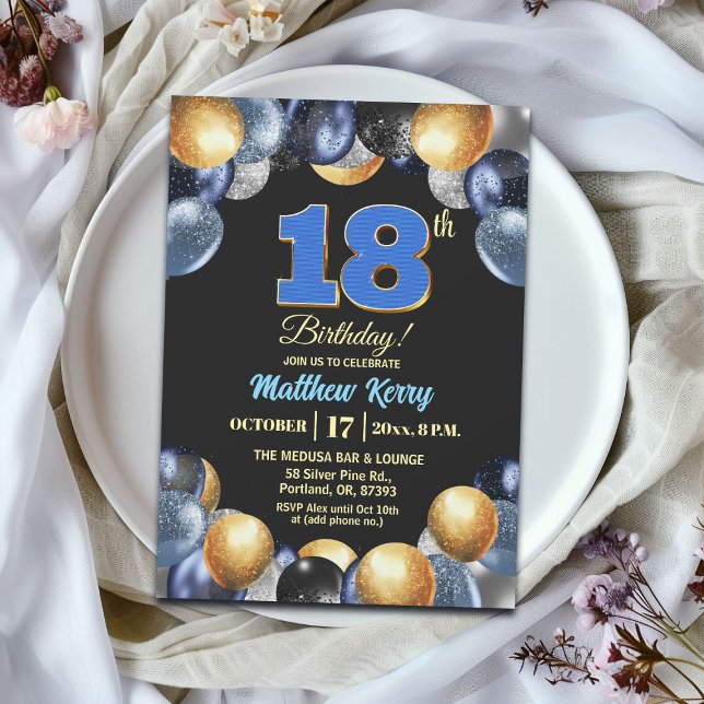 Elegant Blue Silver Gold 18th Birthday Party Einladung (Von Creator hochgeladen)