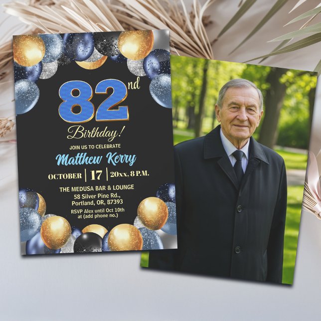 Elegant Blue Silver Gold 82nd Birthday Photo  Einladung (Von Creator hochgeladen)
