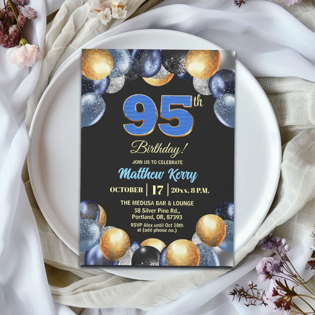 Elegant Blue Silver Gold 95th Birthday Party Einladung (Von Creator hochgeladen)