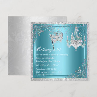 Elegant Blue & Silver Masquerade 21. Einladung