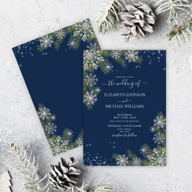 Elegant Blue Silver Snowflake Pine Winter Wedding Einladung (Von Creator hochgeladen)
