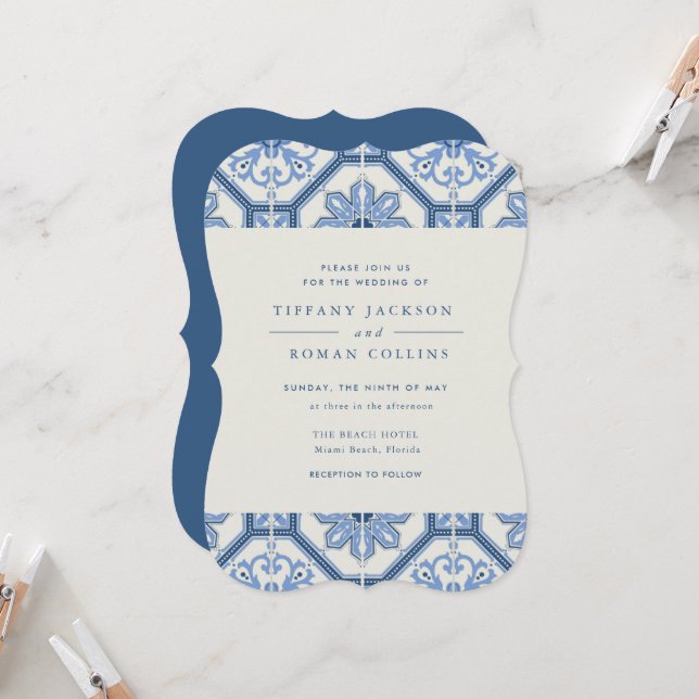 Elegant Blue Spanish Tile Hochzeit Einladung (Vorderseite/Rückseite Beispiel)