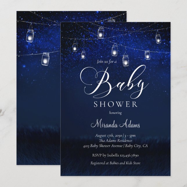 Elegant Blue Starry Night Mason Jar Baby Shower Einladung (Vorne/Hinten)