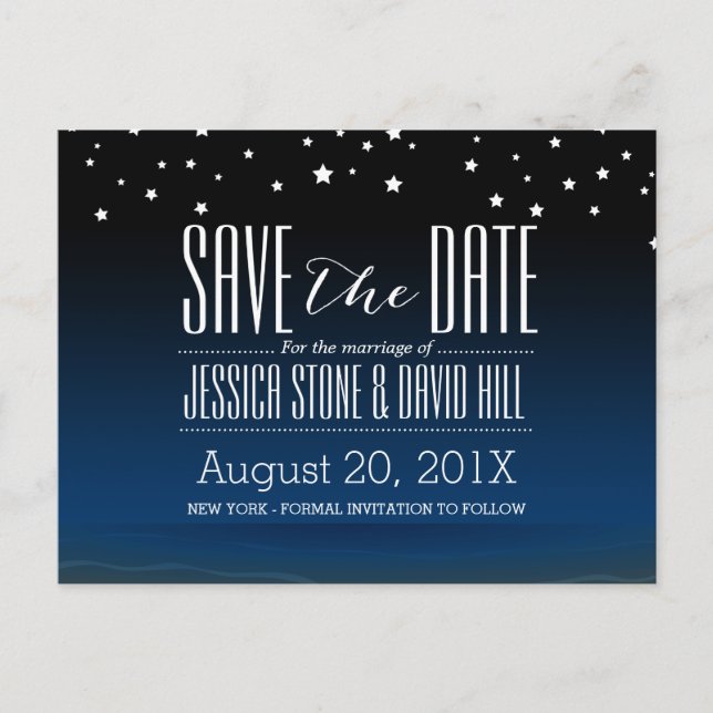 Elegant Blue Starry Night Wedding Save the Date Ankündigungspostkarte (Vorderseite)