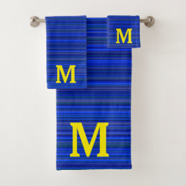 Elegant blue stripes monogram badhandtuch set