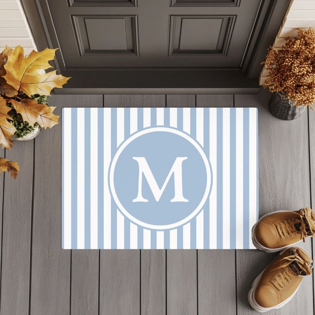 Elegant Blue Stripes Monogramm Fußmatte (Elegant Blue Stripes Monogram Doormat)