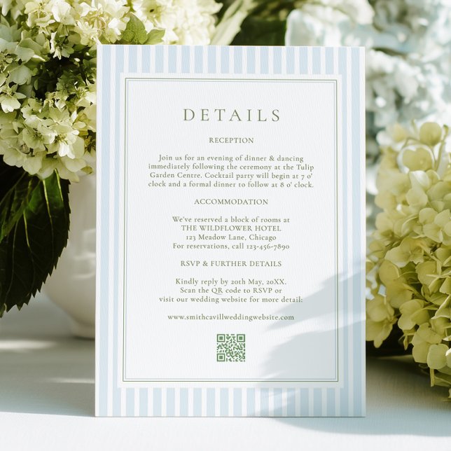 Elegant Blue Stripes Sage Wedding Details Card Begleitkarte (Von Creator hochgeladen)