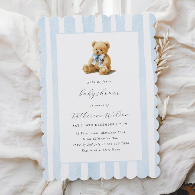 Elegant Blue Stripes Teddy Bear Baby Shower  Einladung (Von Creator hochgeladen)