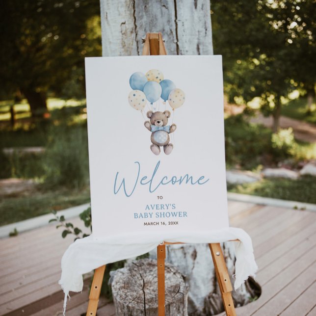 Elegant Blue Teddy Bären Script Welcome Baby Dusch Poster (Von Creator hochgeladen)