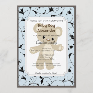 Elegant Blue Teddy Bear Boy Baby Shower Einladung