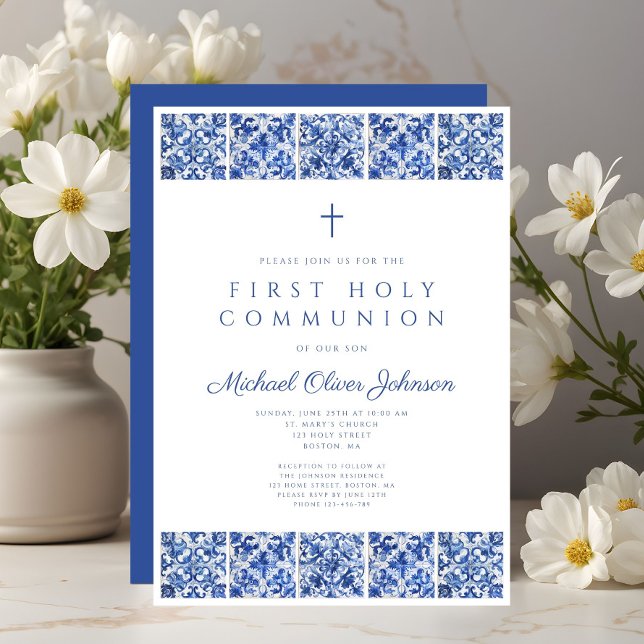 Elegant Blue Tiles Boy First Communion Einladung (Elegant Blue Tiles Boy First Communion Invitation)