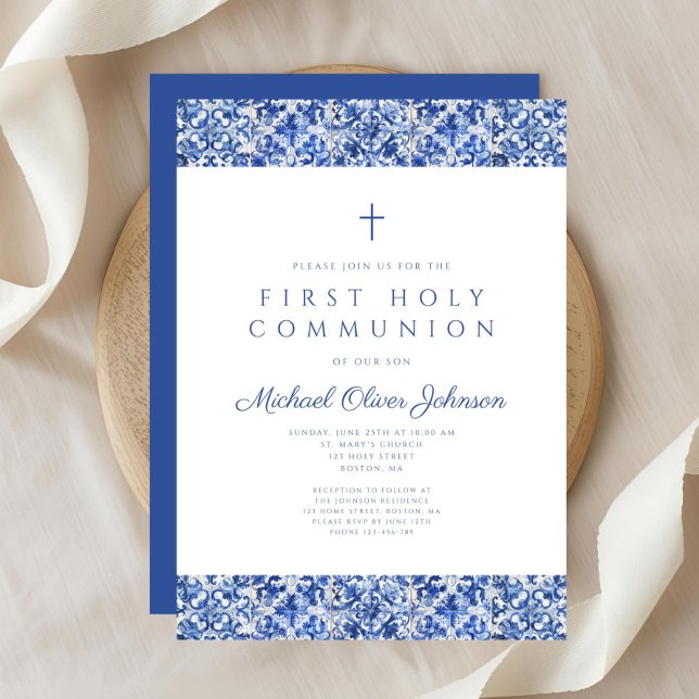 Elegant Blue Tiles Boy First Communion Einladung (Elegant Blue Tiles Boy First Communion Invitation)