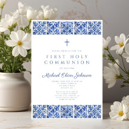 Elegant Blue Tiles Boy First Communion Einladung