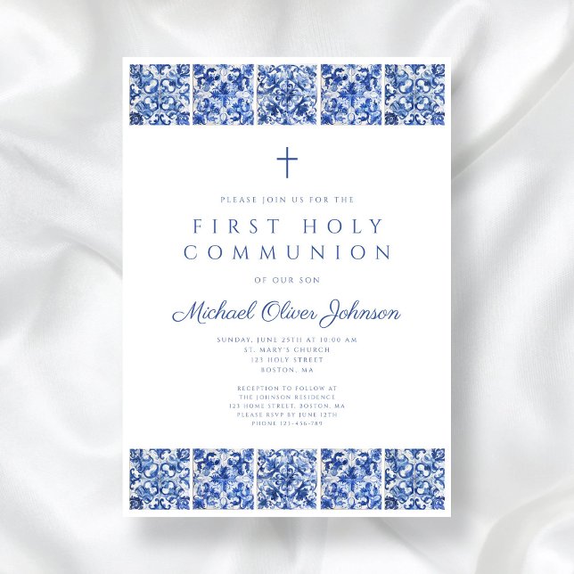 Elegant Blue Tiles Boy First Communion Einladung (Elegant Blue Tiles Boy First Communion Invitation)