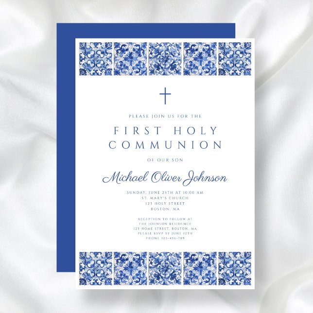 Elegant Blue Tiles Boy First Communion Einladung (Elegant Blue Tiles Boy First Communion Invitation)