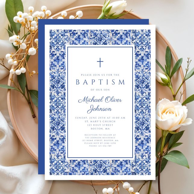 Elegant Blue Tiles Religious Cross Boy Taufe Einladung (Elegant Blue Tiles Religious Cross Boy Baptism Invitation)