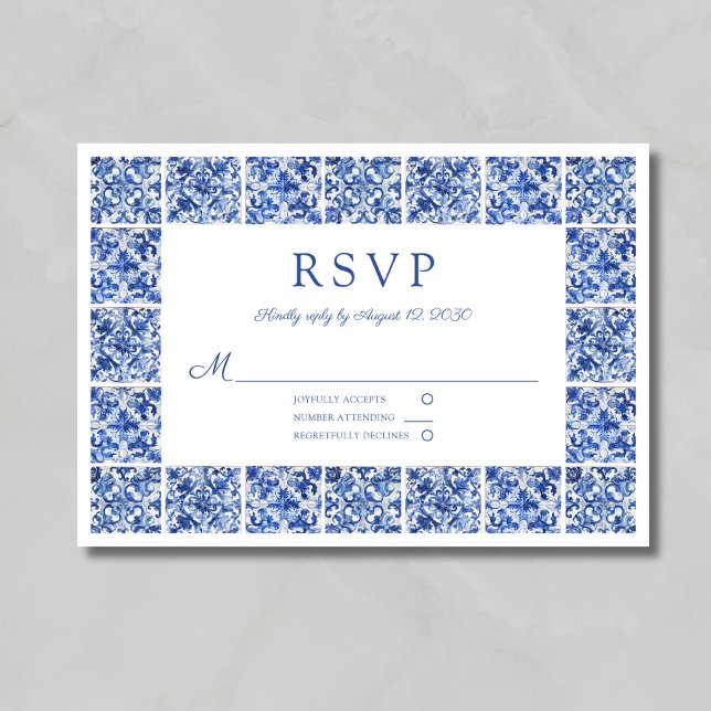 Elegant Blue Tiles Wedding RSVP Karte (Elegant Blue Tiles Wedding RSVP Card)
