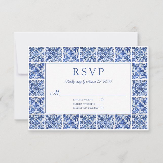 Elegant Blue Tiles Wedding RSVP Karte (Vorderseite)