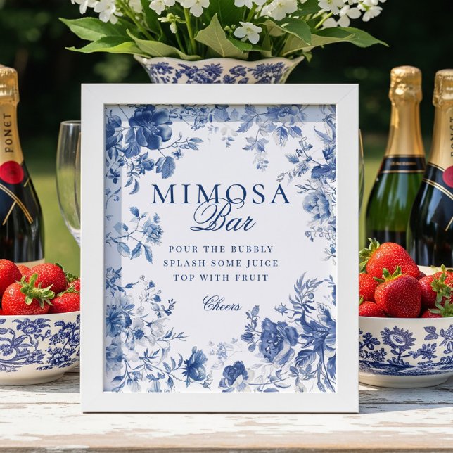Elegant Blue Toile Chinoiserie Mimosa Bar Sign Poster (Von Creator hochgeladen)