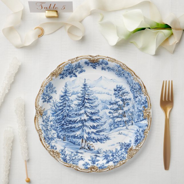 Elegant Blue Toile Christmas Tree Holiday Dining  Pappteller (Hochzeit)