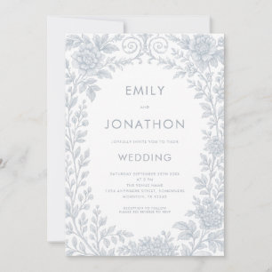 Elegant Blue Toile De Jouy Border QR Code Wedding Einladung