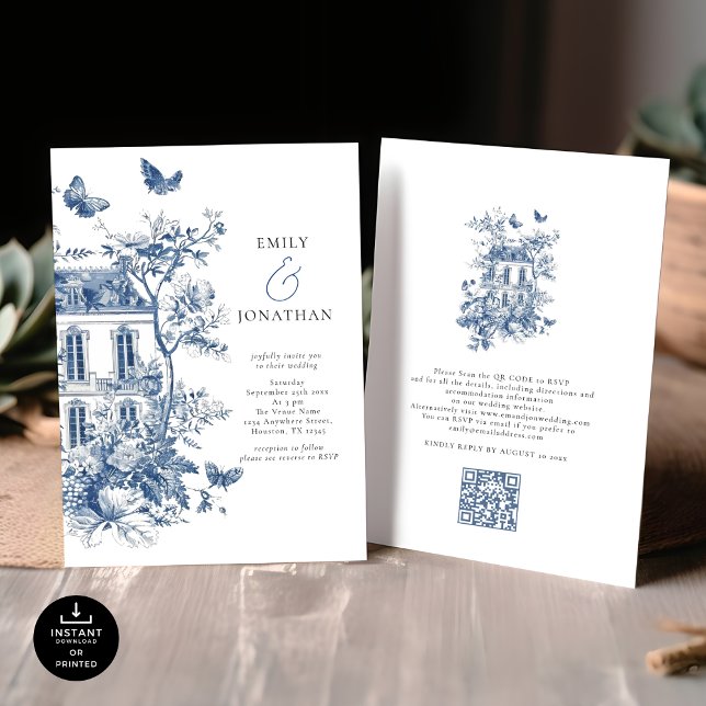 Elegant Blue Toile De Jouy QR Code Wedding Einladung (Front and back view)