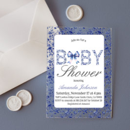 Elegant Blue Toile de Jouy und Bow Baby Shower Acryleinladungen