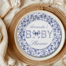 Elegant Blue Toile de Jouy und Bow Baby Shower