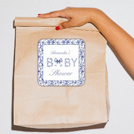 Elegant Blue Toile de Jouy und Bow Baby Shower Quadratischer Aufkleber