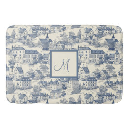 Elegant Blue Toile de Jouy Village Scene Badematte