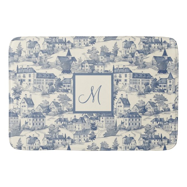 Elegant Blue Toile de Jouy Village Scene Badematte (Vorderseite)