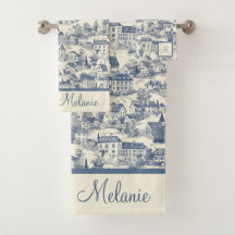 Elegant Blue Toile de Jouy Village Scene