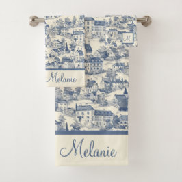 Elegant Blue Toile de Jouy Village Scene Badhandtuch Set