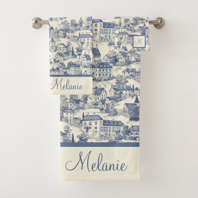 Elegant Blue Toile de Jouy Village Scene Badhandtuch Set (Insitu)