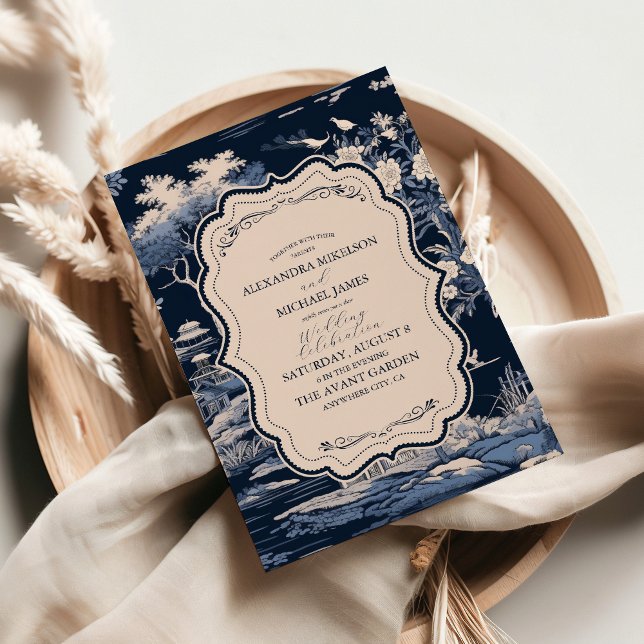Elegant Blue Toile De Jouy Wedding Einladung (Von Creator hochgeladen)