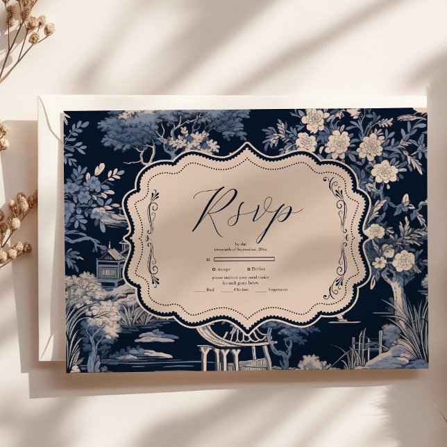 Elegant Blue Toile De Jouy Wedding RSVP Karte (Von Creator hochgeladen)