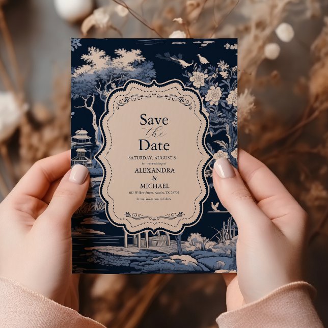 Elegant Blue Toile De Jouy Wedding Save The Date (Von Creator hochgeladen)