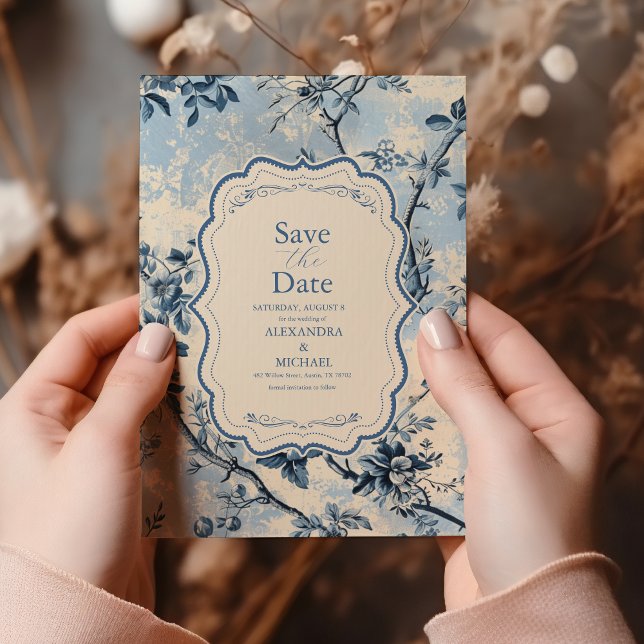 Elegant Blue Toile De Jouy Wedding Save The Date (Von Creator hochgeladen)