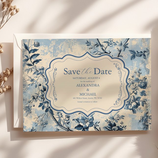 Elegant Blue Toile De Jouy Wedding Save The Date (Von Creator hochgeladen)