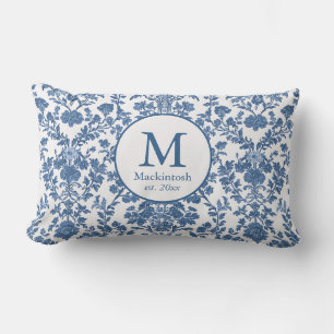 Elegant Blue Toile Monogram Lumbar Pillow Lendenkissen