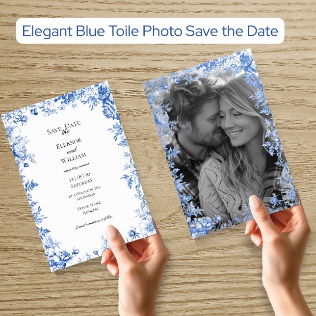 Elegant Blue Toile Photo Save the Date Einladung (Elegant Blue Toile Photo Save the Date Invitation
)
