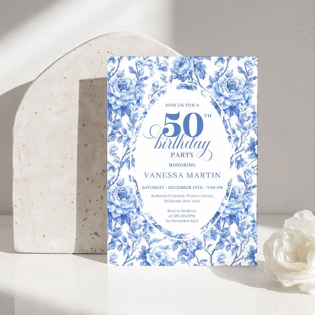 Elegant Blue Toile Rose Floral 50th Birthday Invit Einladung (Elegant Blue Toile Rose Floral 50th Birthday Invitation)